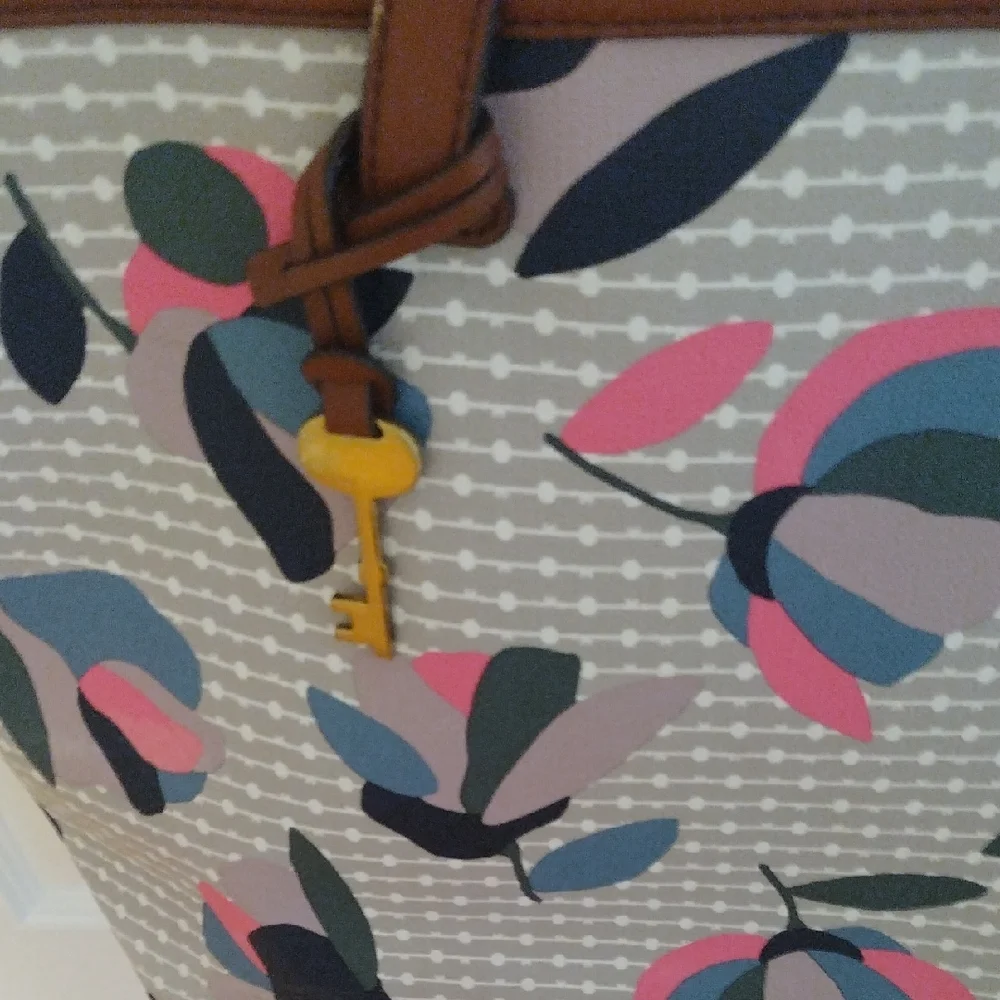 Fossil Brown and Pink Floral Vegan Tote with Brown Leather Accents